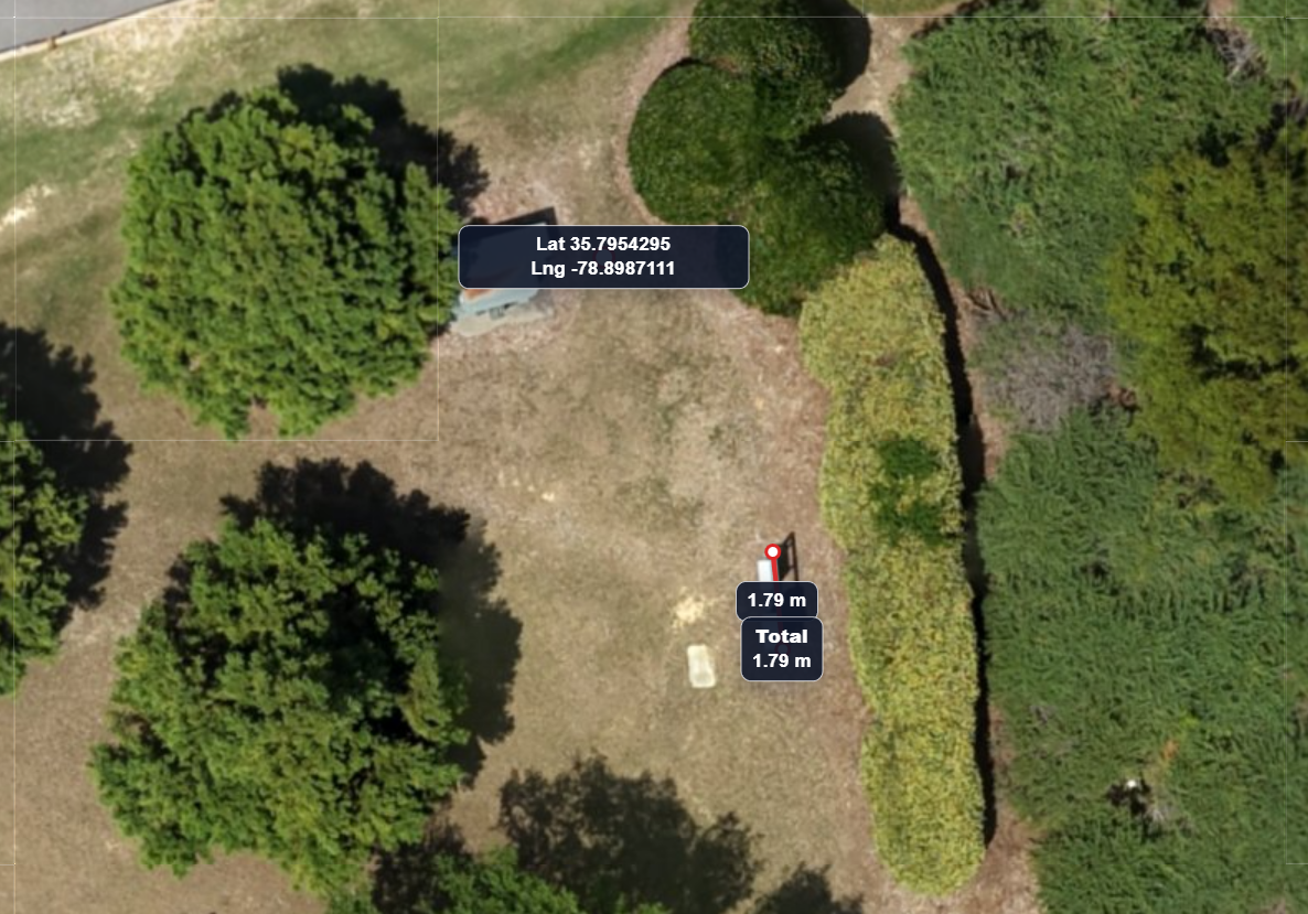 Test 1 after AerialAlign showing coordinate 35.7954295, -78.8987111, 0.33 meter coordinate error, and 1.79 meter measured value